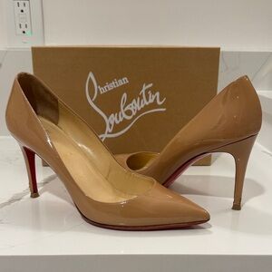 Christian Louboutin Pigalle 85 Nude Patent Cafe Heels with Red Soles
